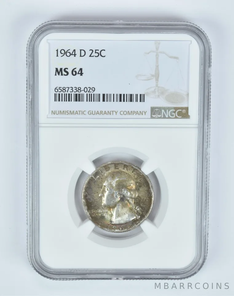 MS64 1964-D Washington Quarter NGC End of Roll Toner a4932