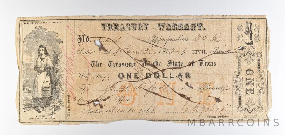1862 $1 State Of Texas Treasury Warrant Obsolete Note *8682