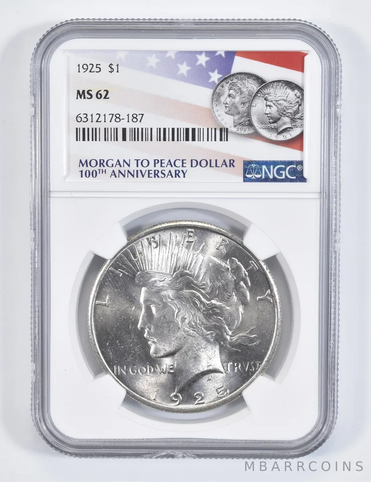 1925 Peace Silver Dollar MS62 NGC 2021 100th Ann Flag Label