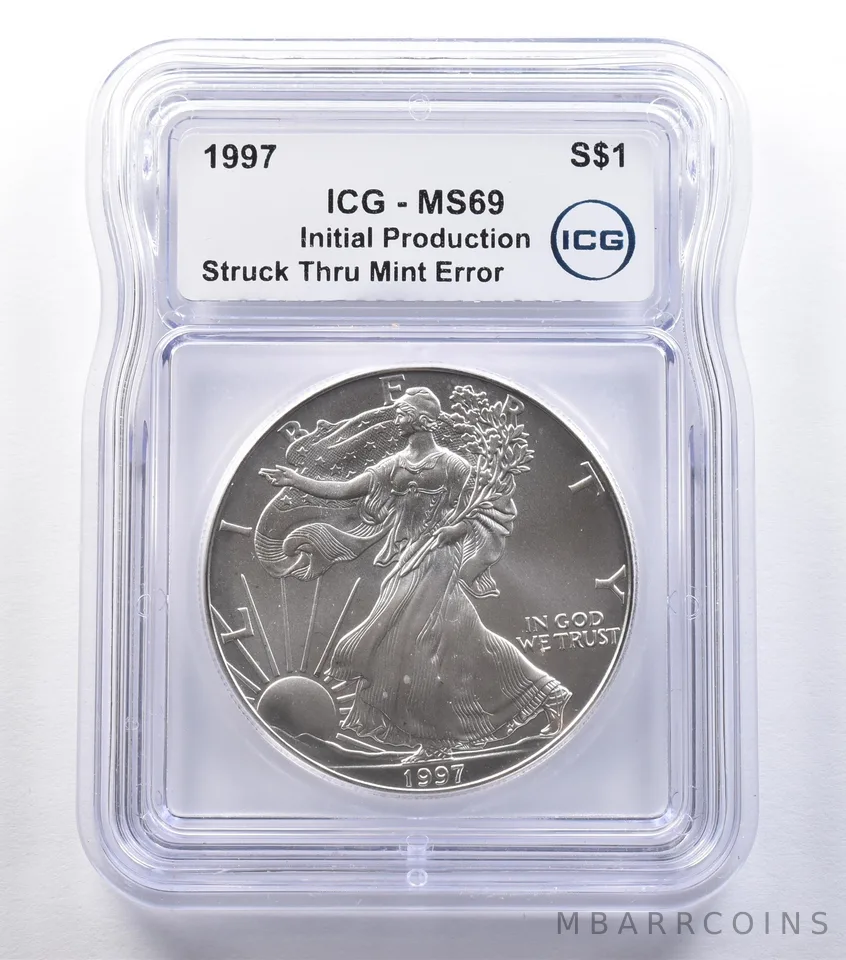 1997 American Silver Eagle Mint Error Struck Thru Production MS69 ICG *9570