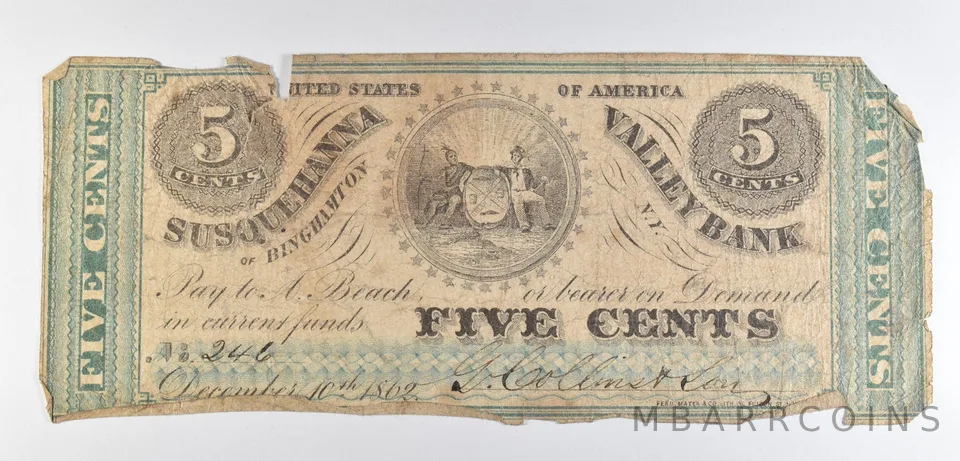 1862 5 Cents Binghamton NY Susquehanna Valley Bank Obsolete Note *8595