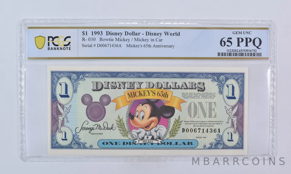 1993 $1 Disney Dollar Disney World Bowtie Mickey R-030 Gem Unc 65 PPQ PCGS