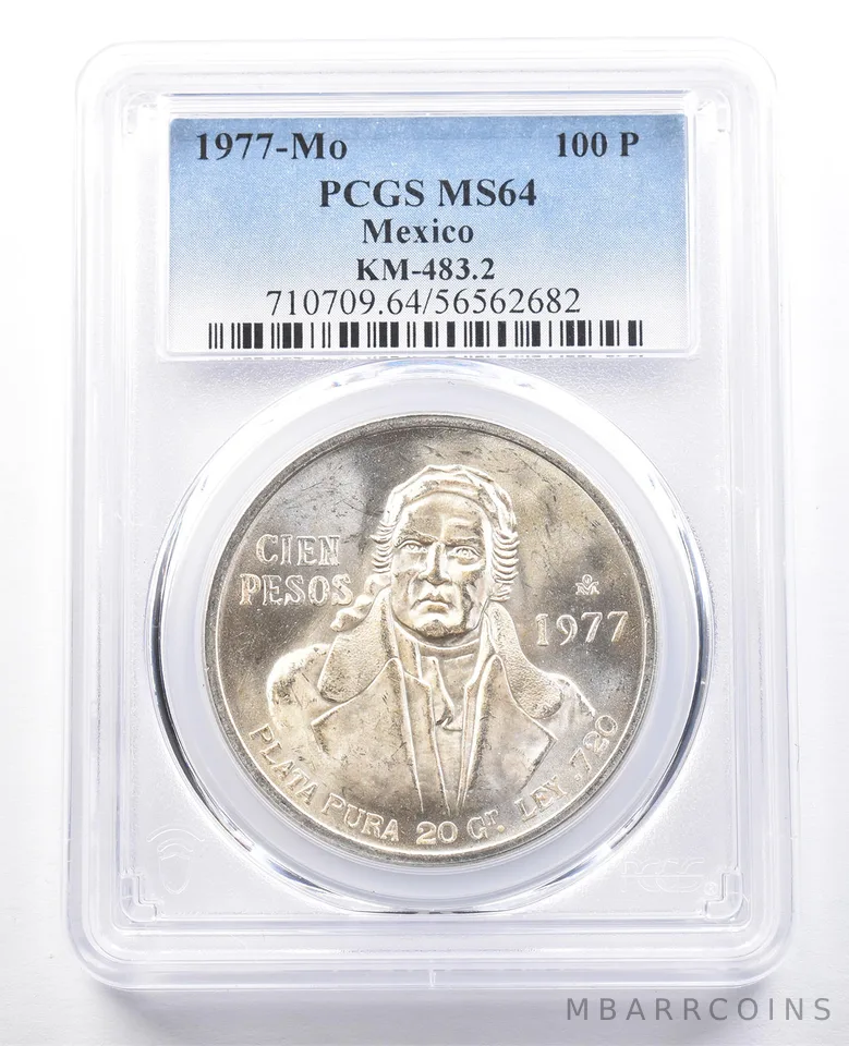 1977 Mo Mexico 100 Pesos Silver KM-483.2 MS64 PCGS Blue Label