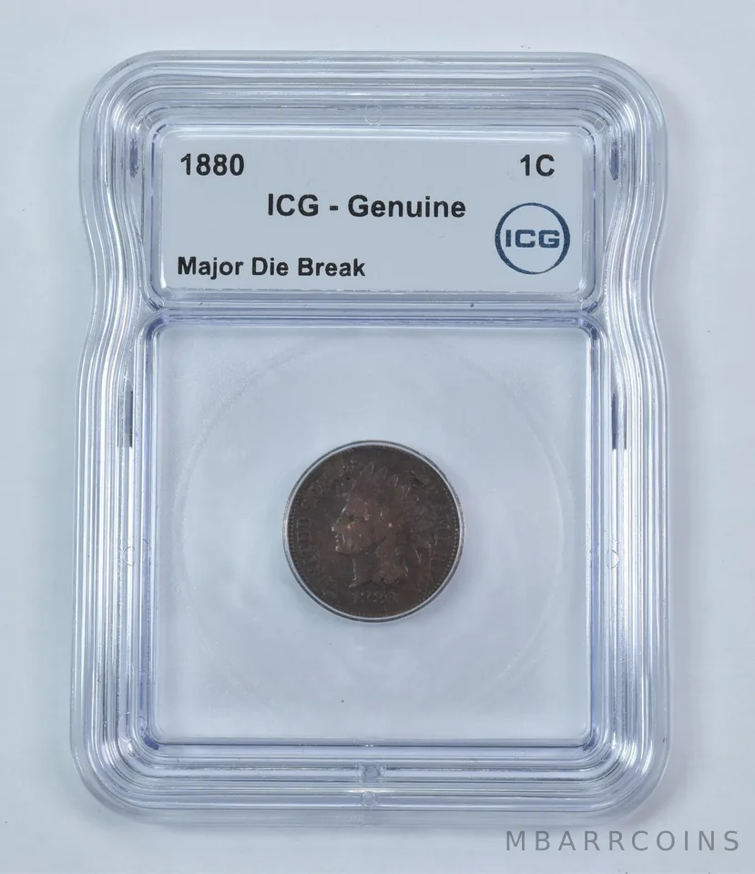 Error 1880 Indian Head Cent Major Die Break Genuine ICG *9254