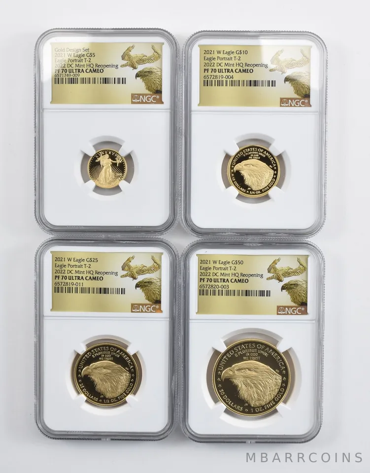 Set 2021-W $5/$10/$25/$50 Gold Eagle Type 2 DC Mint PF70 NGC Low Pop *9384