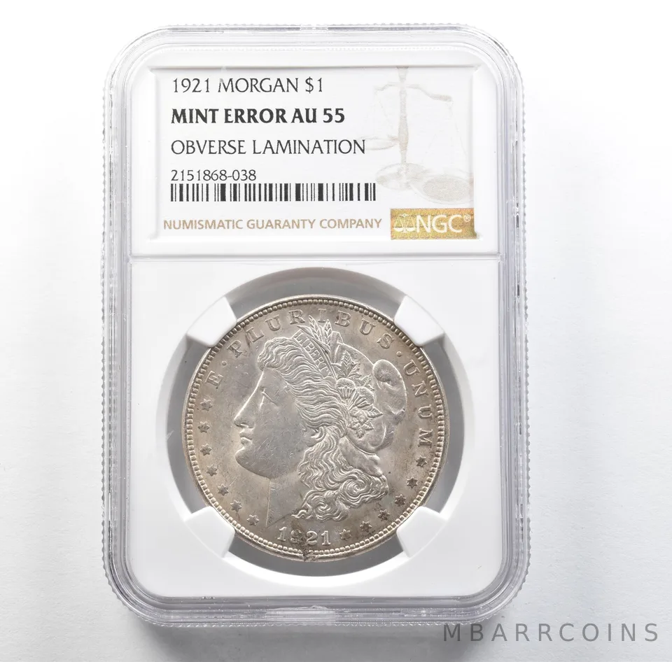 1921 Morgan Silver Dollar Mint Error Obverse Lamination AU55 NGC *3184