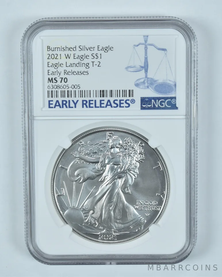 2021-W Burnished Silver Eagle Type 2 Early Releases MS70 NGC Blue Label