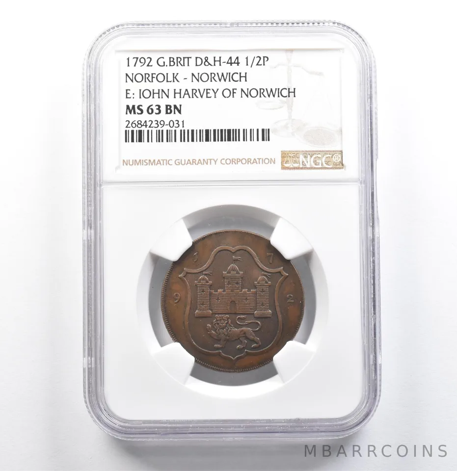 1792 G. Britain Norfolk Norwich Half Penny D&H-44 John Harvey MS63 BN NGC *6860