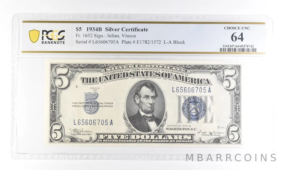 1934 B $5 Silver Certificate Fr#1652 Choice Unc 64 PCGS *2772