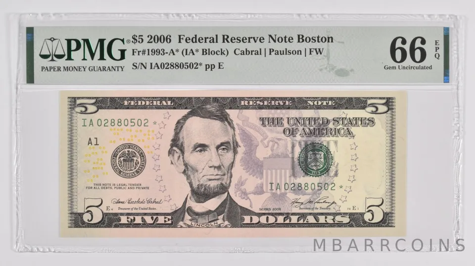 $5 Star * Error Replacement 2006 FRN FR-1993-A * PMG 66 Boston EPQ