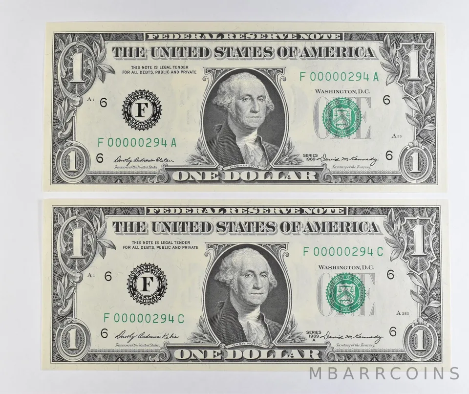 Lot (2) Matching Serial Numbers 1969/1969 $1 Atlanta GA FRN Low *1725