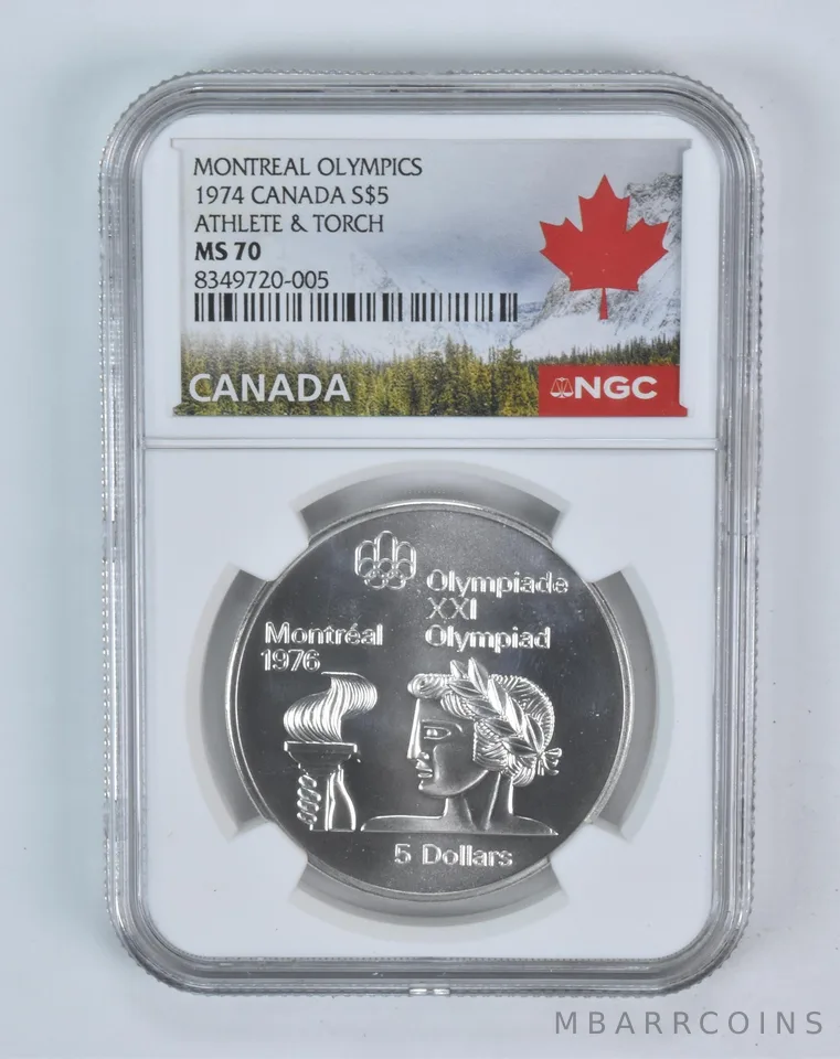 1974 Canada 5 Dollars Silver Olympic Athlete & Torch MS70 NGC Canada Lbl