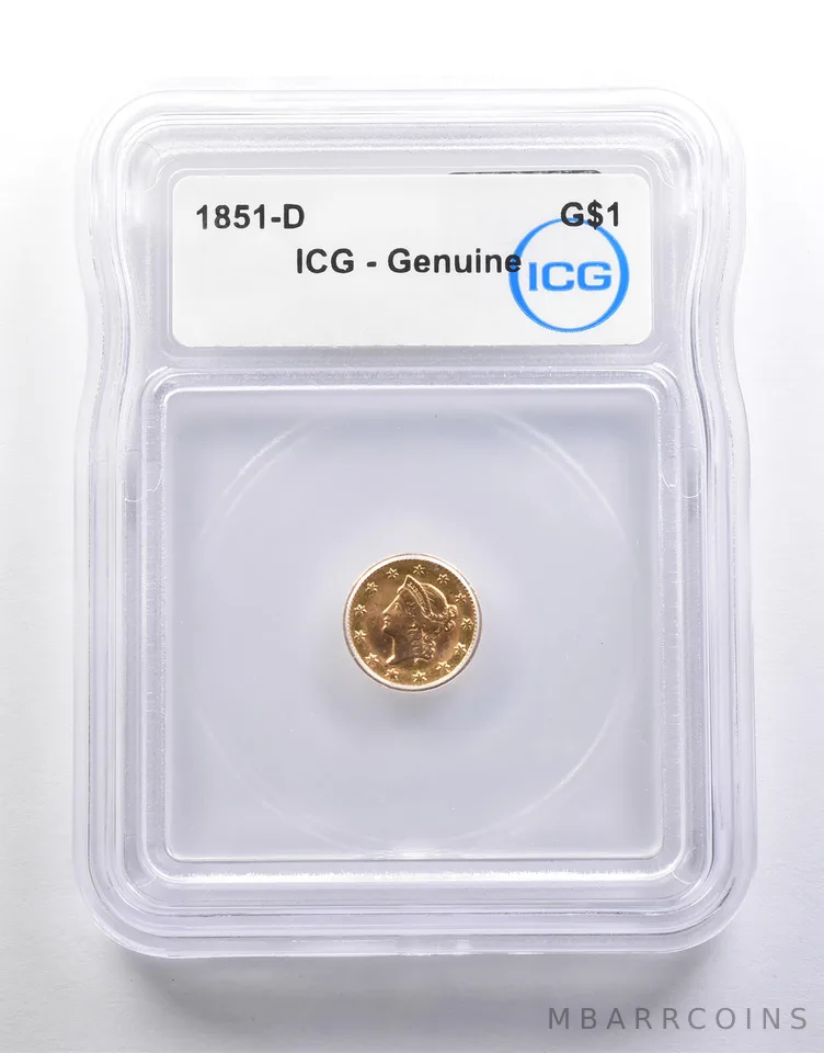 1851-D $1 Liberty Head Gold Dollar Genuine ICG Rotated Die *6732