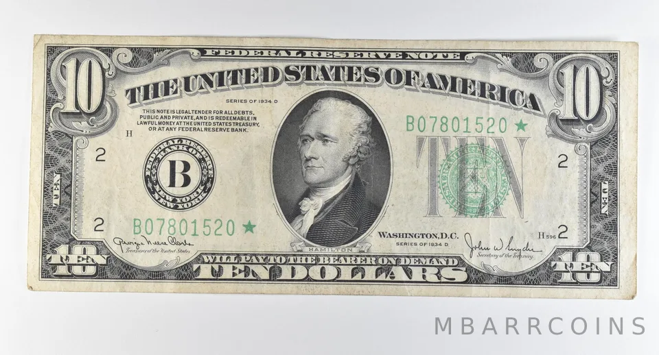 1934 D $10 New York NY FRN Star Note Green Seal STAR *0327