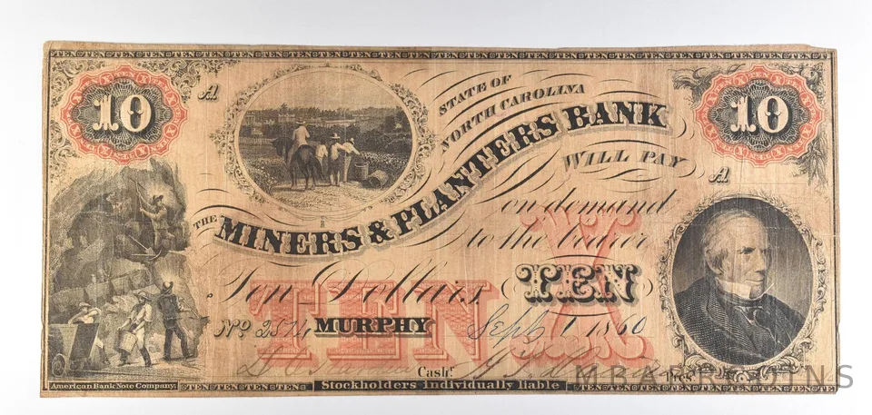 1860 $10 Murphy NC Miners & Planters Bank Obsolete Note *8734