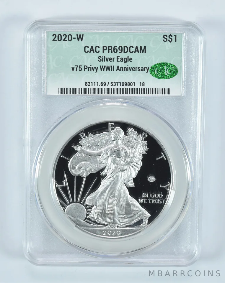 2020-W American Silver Eagle v75 WWII Privy PR69 DCAM CAC CACg