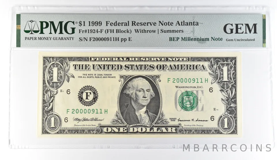 1999 $1 Atlanta Fr#1924-F FRN BEP Millennium Note PMG Fancy Serial 911 a8085