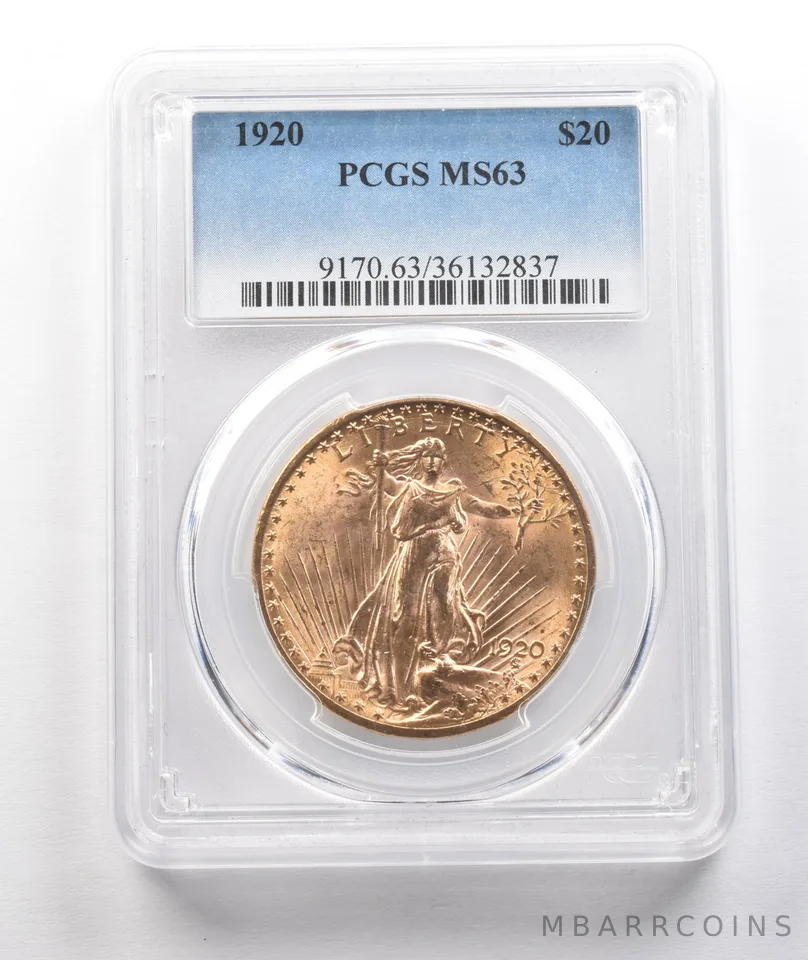 1920 $20 Saint Gaudens Gold Double Eagle MS63 PCGS a1597