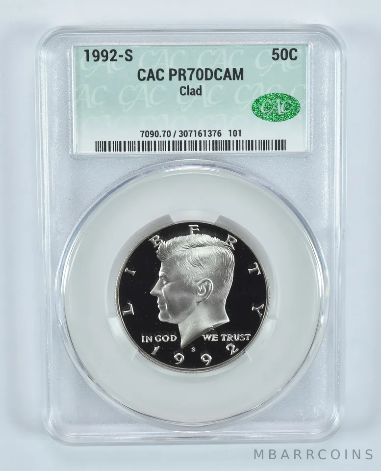 1992-S Kennedy Half Dollar CLAD PR70 DCAM CAC CACg