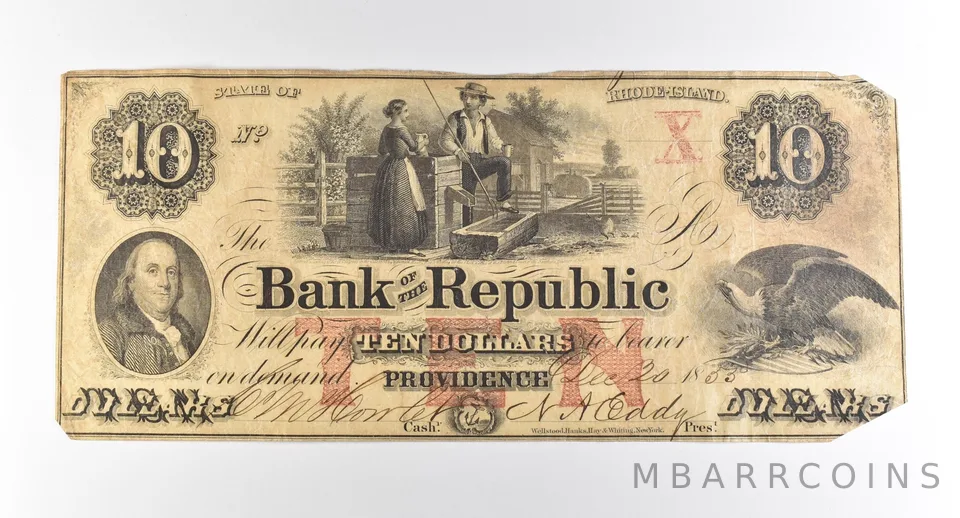 1855 $10 Providence RI Bank Of The Republic Obsolete Note *3766