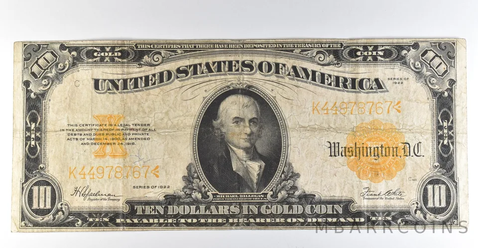 1922 $10 Gold Certificate Large Note Yellow Seal *8349