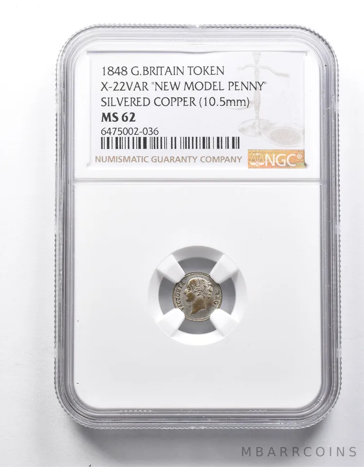 MS62 1848 Great Britain Token New Model Penny Silvered Copper (10.5mm) NGC *9881