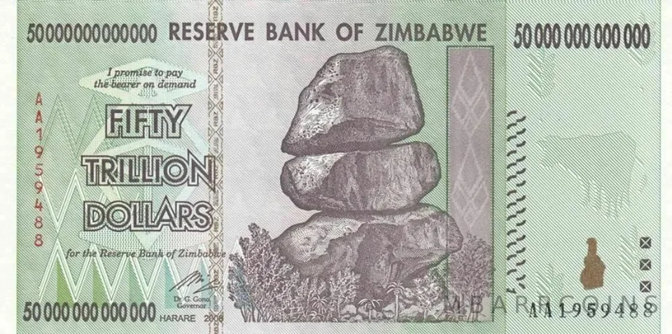 Unc 2008 Zimbabwe 50 TRILLION DOLLARS BANKNOTE AA P-90 New