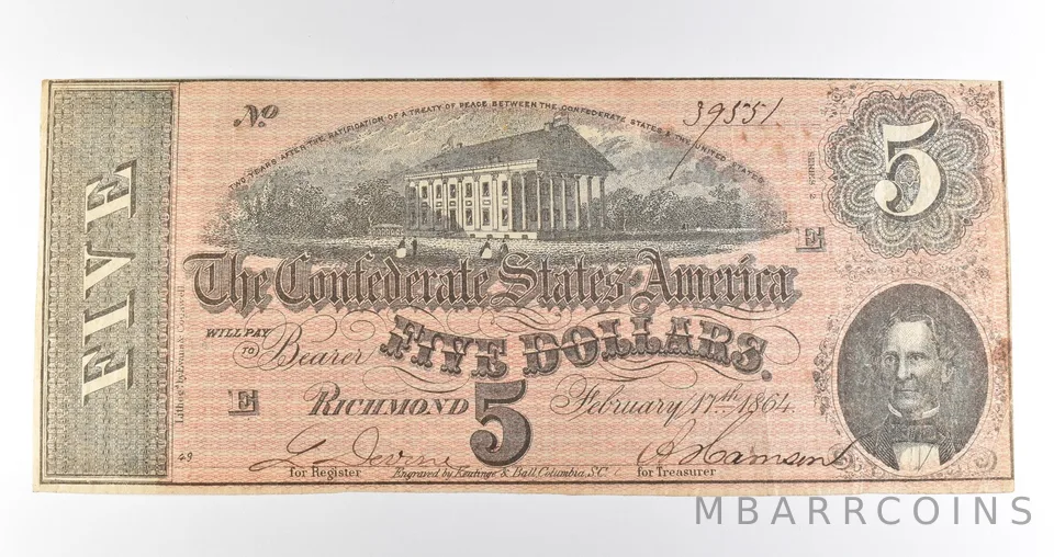 1863 $5 Richmond VA Confederate States Of America Obsolete Note *3883