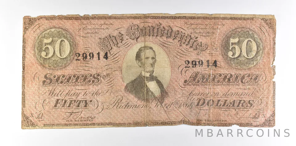 1864 $50 Confederate States Of America T-66 Large Note a8520