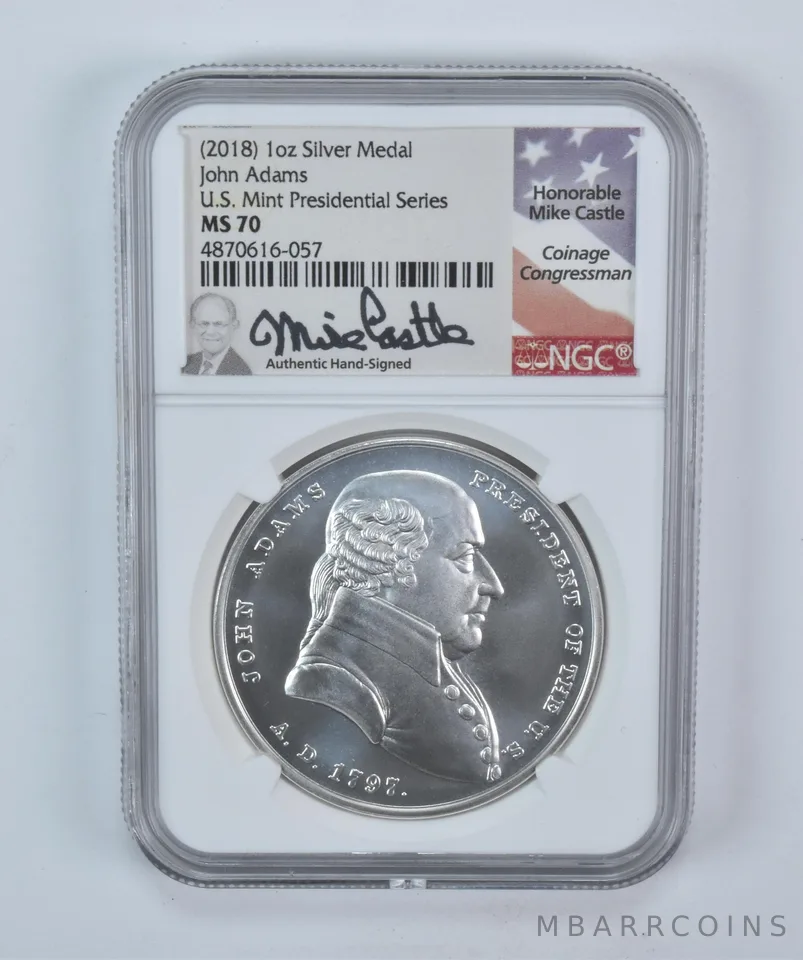 (2018) 1 Oz Silver Presidential Medal John Adams Mike Castle MS70 NGC a5718