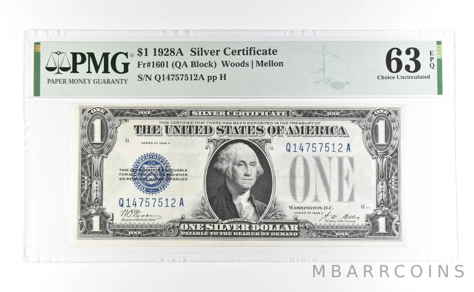 1928 A $1 Silver Certificate Fr#1601 Choice Unc 63 EPQ PMG a7006