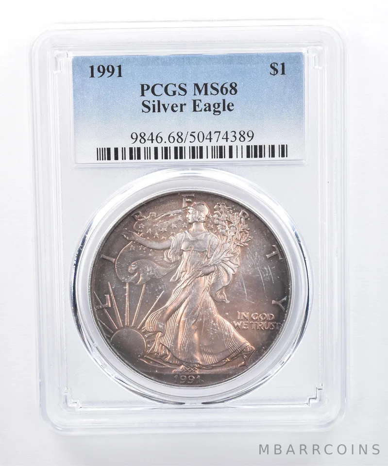 1991 American Silver Eagle MS68 PCGS Dark Purple Tone *8427