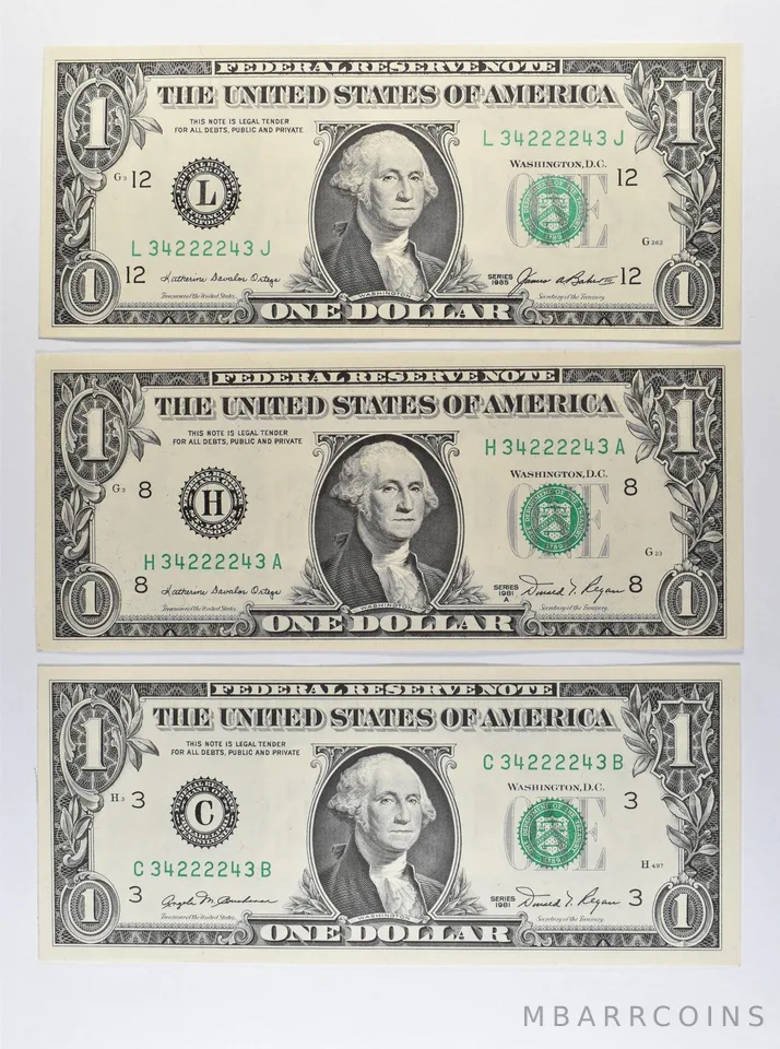 Lot (3) Matching Serials 1985/1981 A/1981 $1 San Francisco/St Louis/PA FRN *1734