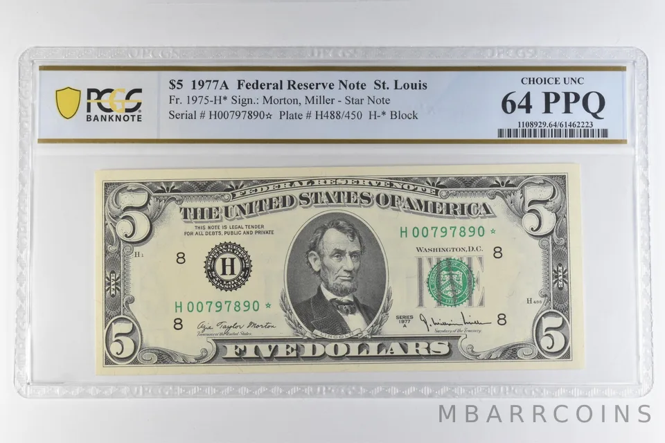 1977 A $5 St Louis MO FRN Star Note Fr#1975-H* Choice Unc 64 PPQ PCGS *6538