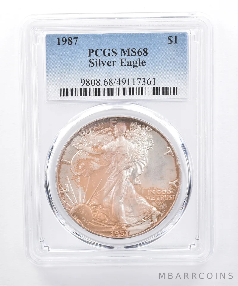 1987 American Silver Eagle MS68 PCGS Purple/Orange Tone *8477