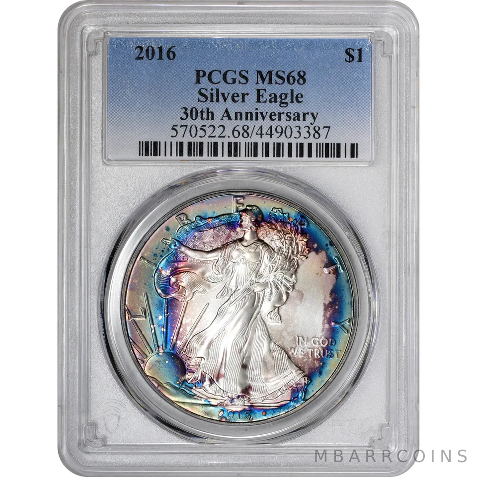 MS68 2016 American Silver Eagle PCGS Beautiful Blue Toning *2901