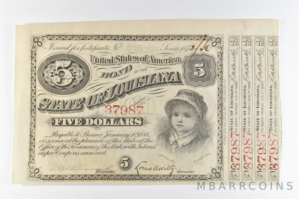 1872 Louisiana 5 Dollar Bond Obsolete Note *8380
