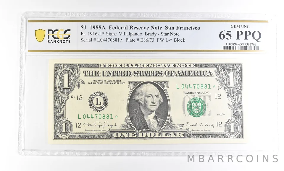 1988 A $1 San Francisco CA FRN Star Note Fr#1916-L* Gem Unc 65 PPQ PCGS a2891
