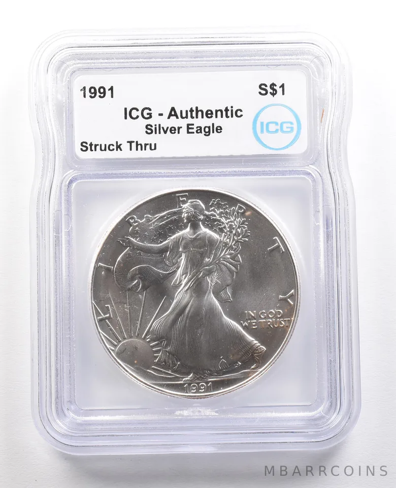 1991 American Silver Eagle Struck Thru Authentic ICG *6638