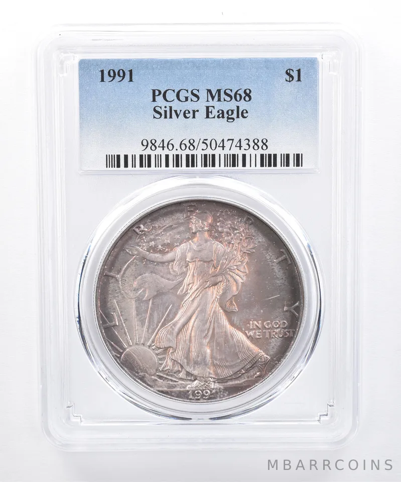 1991 American Silver Eagle MS68 PCGS Purple/Orange Tone *8437