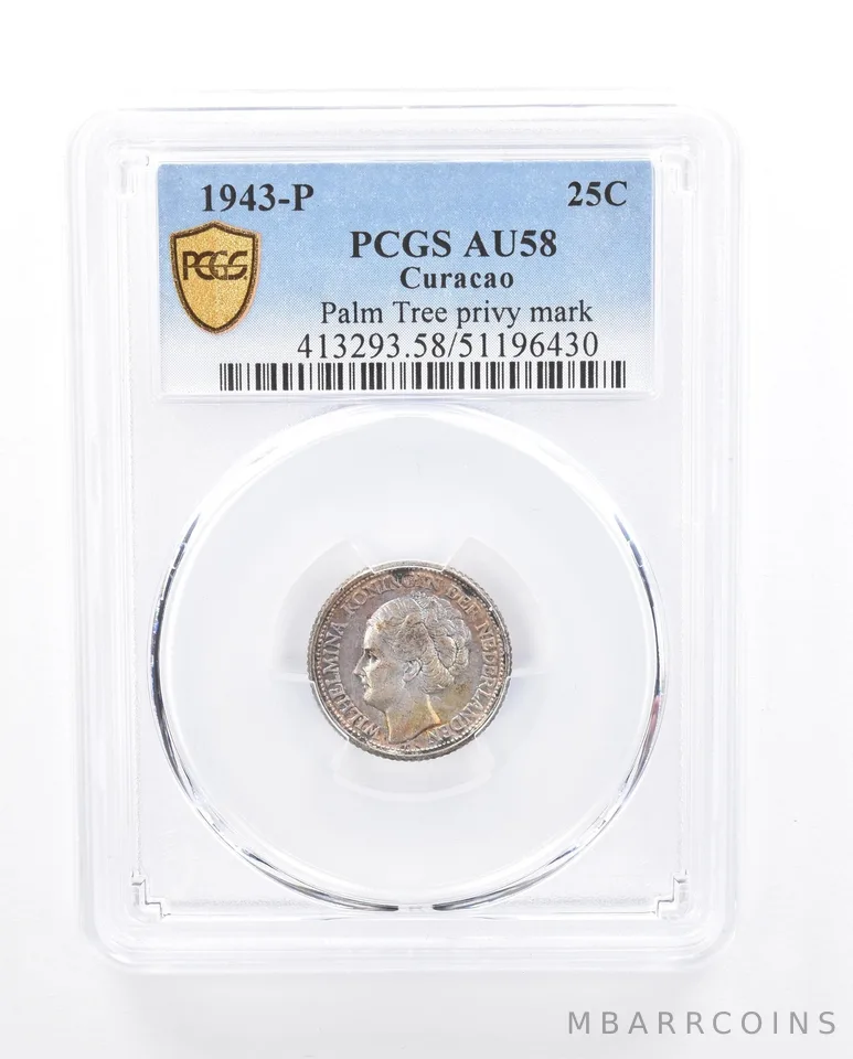 1943 P Curacao 25 Cents Palm Tree Privy Mark AU58 PCGS Beautiful Tone *5378