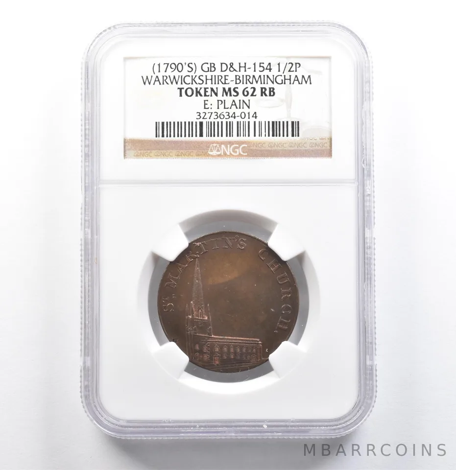 (1790's) Warwickshire-Birmingham Half Penny GB D&H-154 MS62 RB NGC *6859