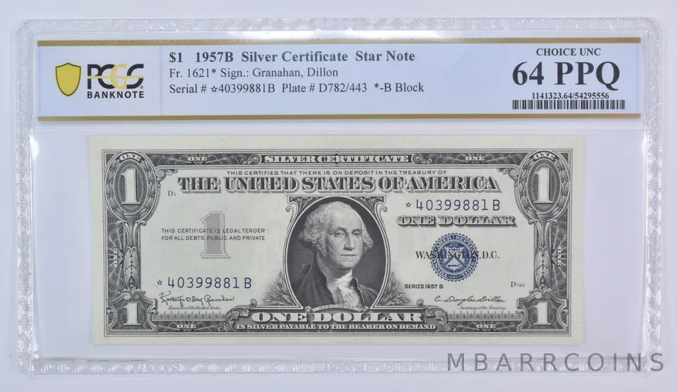 1957 B $1 Silver Certificate Star Note Fr#1621* Choice Unc 64 PPQ PCGS