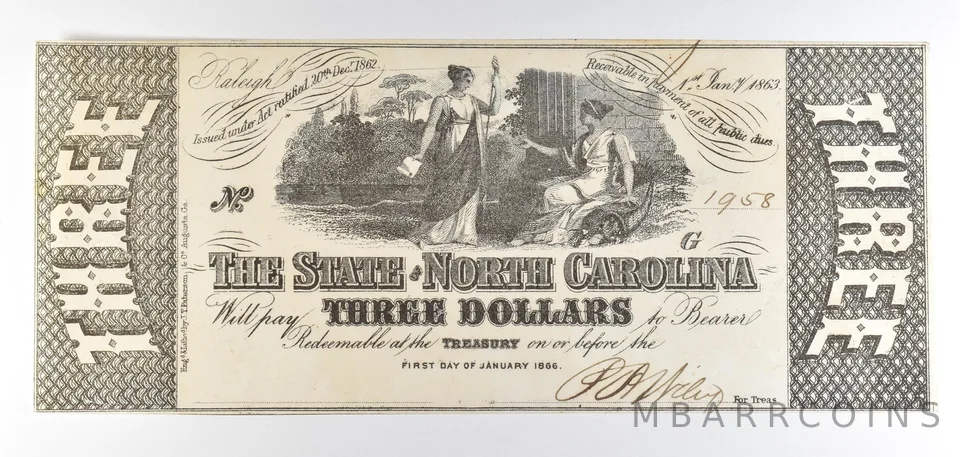 1863 $3 State Of North Carolina Obsolete Note *8745
