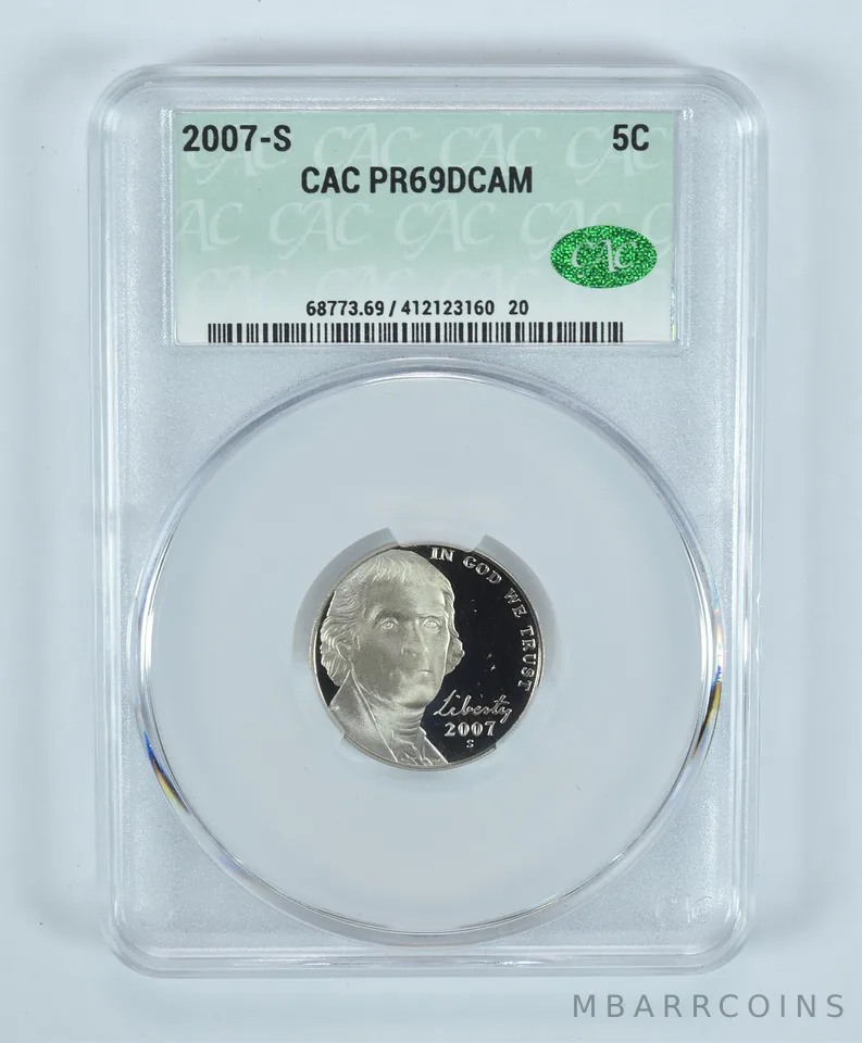 2007-S Jefferson Nickel PR69 DCAM CAC CACg