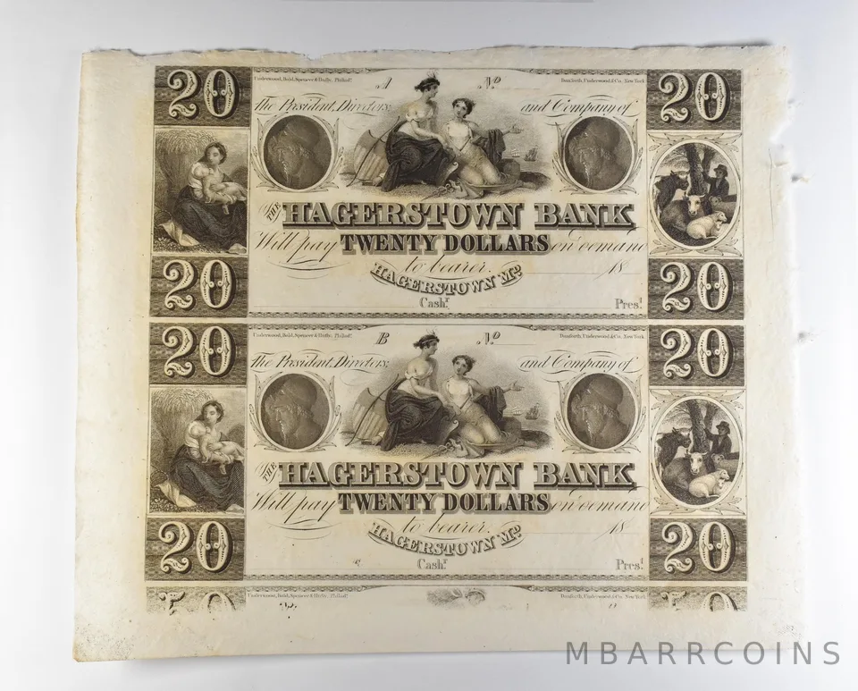 Lot (2) 1800s $20 Hagerstown MD Bank Obsolete Note Uncut *8692