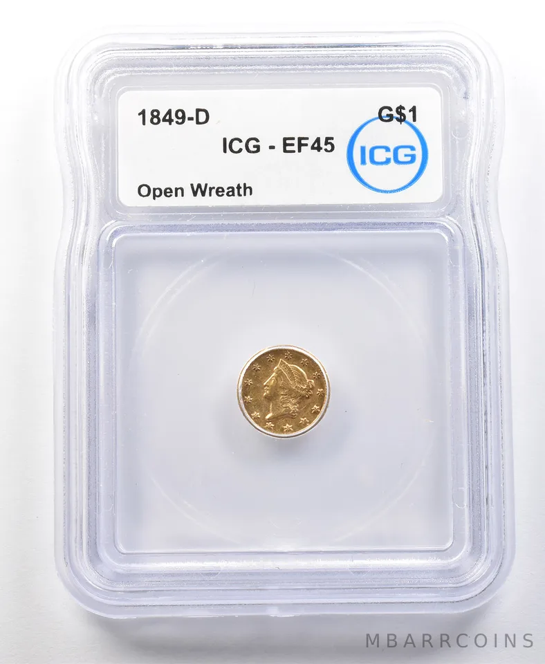 1849-D $1 Liberty Head Gold Dollar Open Wreath EF45 ICG a0122