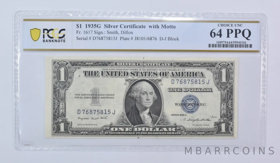 1935 G $1 Silver Certificate With Motto Fr#1617 Choice Unc 64 PPQ PCGS