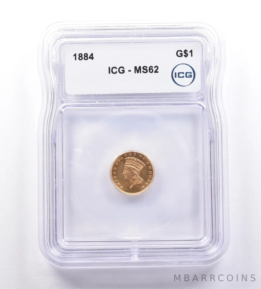1884 $1 Indian Princess Head Gold Dollar MS62 ICG a9227