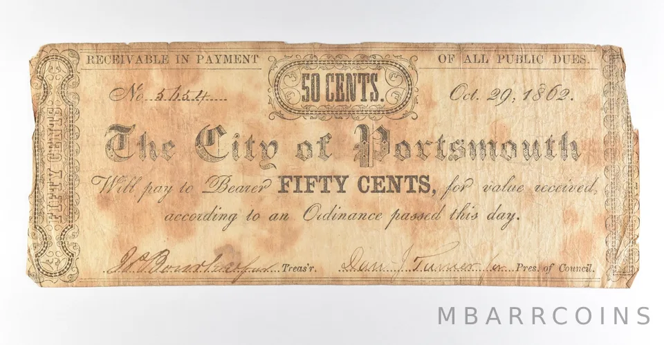 1862 50 Cents Portsmouth NH Obsolete Note *8470